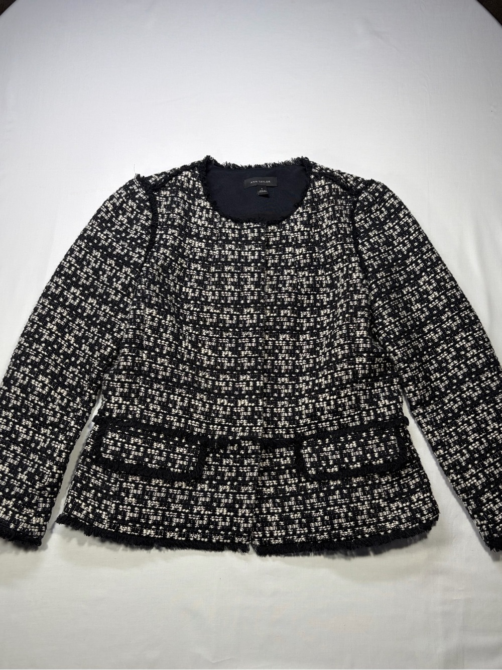 Ann Taylor Black & White Tweed Fringe-Trim Jacket